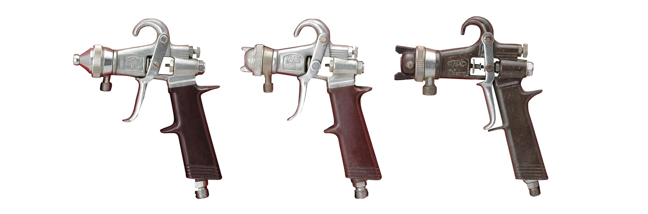 From left: the S-1 spray gun, the S-2 spray gun, and the B-3 spray gun